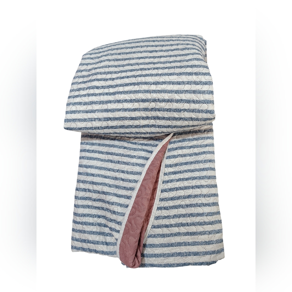 Reversible Cottagecore Quilt Twin/Twin‎ XL Blue Stripe & Mauve Pink